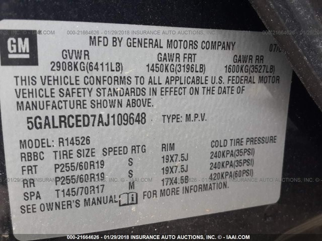 5GALRCED7AJ109648 - 2010 BUICK ENCLAVE CXL 灰色 照片 9