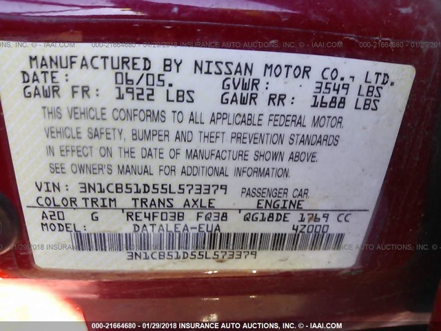 3N1CB51D55L573379 - 2005 NISSAN SENTRA 1.8/1.8S RED photo 9