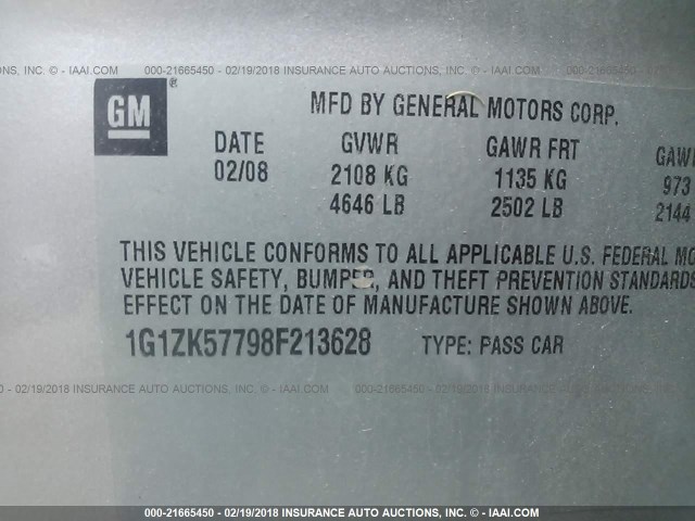 1G1ZK57798F213628 - 2008 CHEVROLET MALIBU LTZ 银色 照片 9