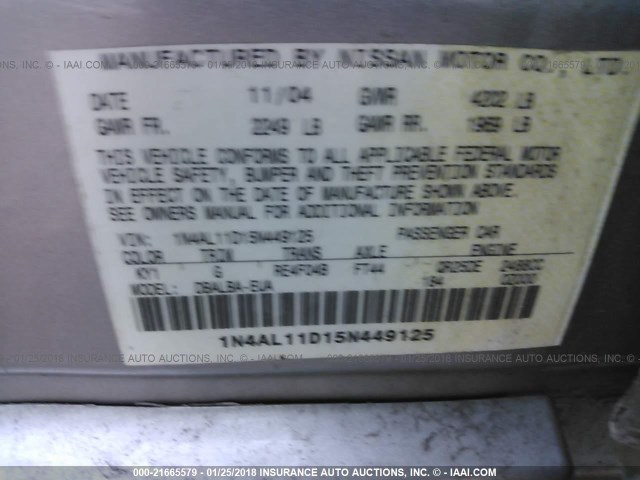 1N4AL11D15N449125 - 2005 NISSAN ALTIMA S/SL SILVER photo 9