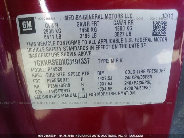 1GKKRSEDXCJ191337 - 2012 GMC ACADIA SLT-2 RED photo 9