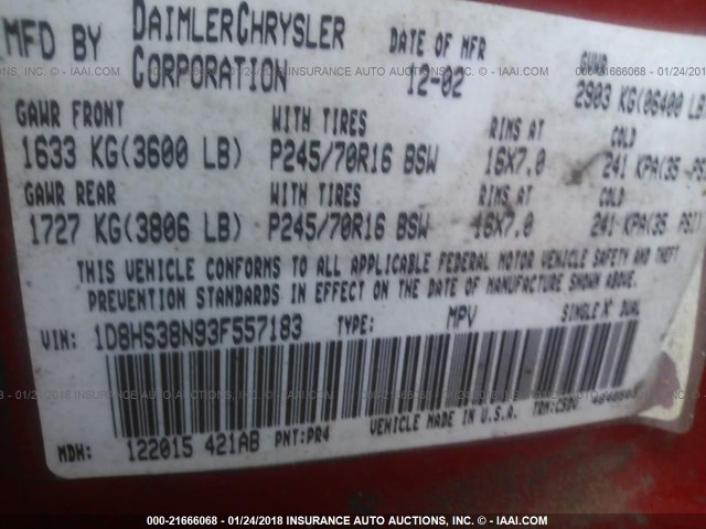 1D8HS38N93F557183 - 2003 DODGE DURANGO SPORT RED photo 9