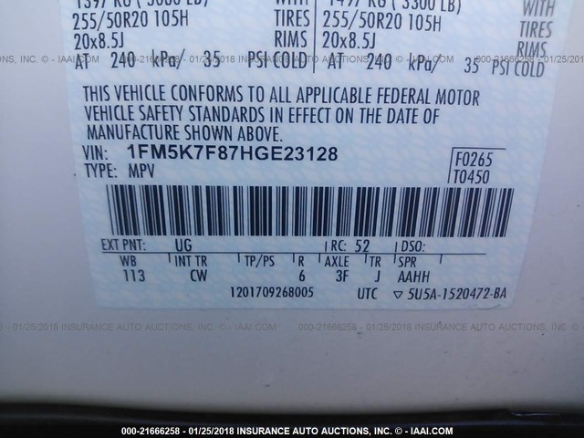 1FM5K7F87HGE23128 - 2017 FORD EXPLORER LIMITED თეთრი ფოტო 9