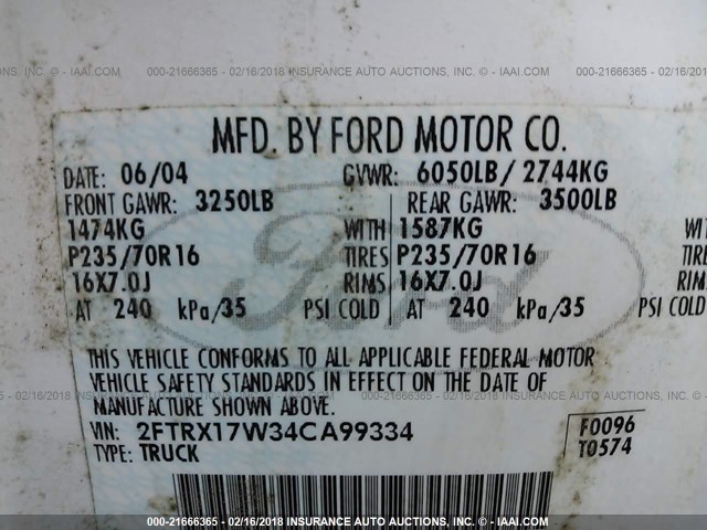 2FTRX17W34CA99334 - 2004 FORD F-150 HERITAGE CLASSIC WHITE photo 9