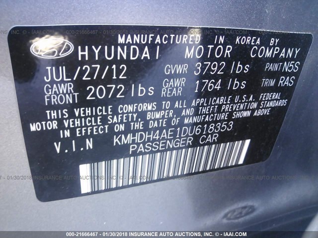 KMHDH4AE1DU618353 - 2013 HYUNDAI ELANTRA GLS/LIMITED SILVER photo 9