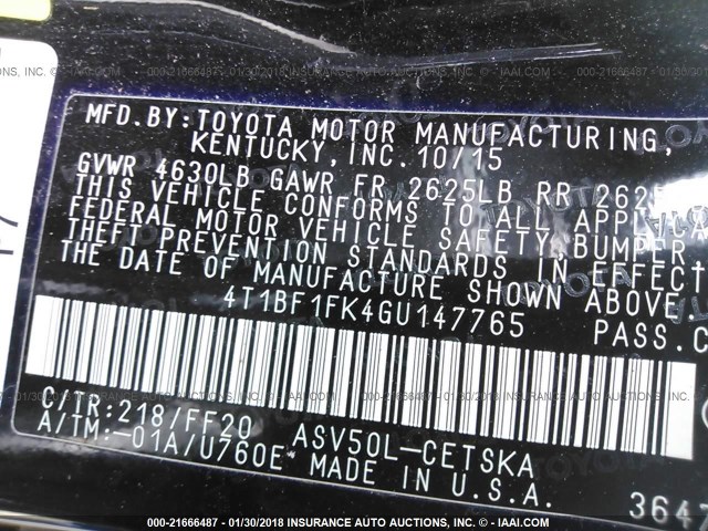 4T1BF1FK4GU147765 - 2016 TOYOTA CAMRY LE/XLE/SE/XSE შავი ფოტო 9