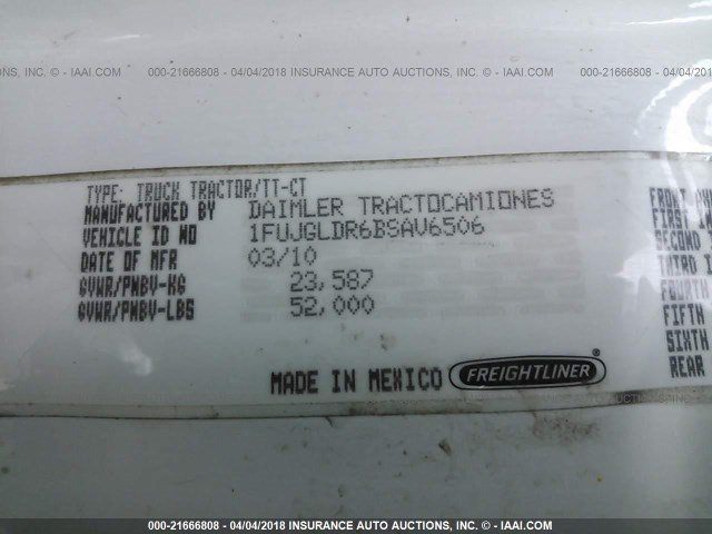 1FUJGLDR6BSAV6506 - 2011 FREIGHTLINER CASCADIA 125  WHITE photo 10