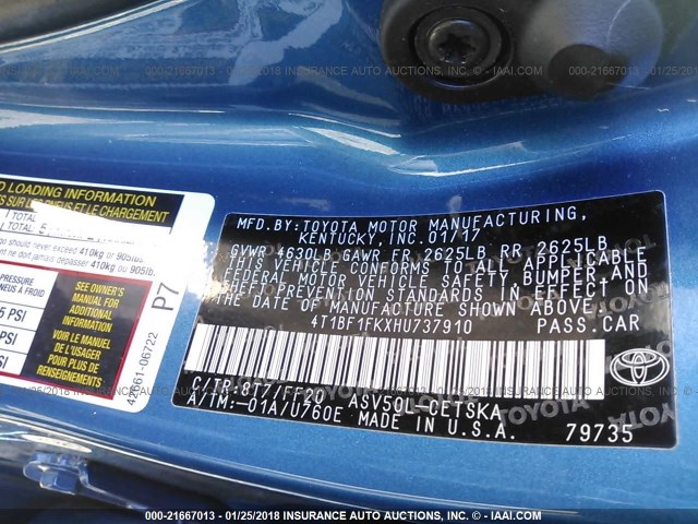 4T1BF1FKXHU737910 - 2017 TOYOTA CAMRY LE/XLE/SE/XSE BLUE photo 9
