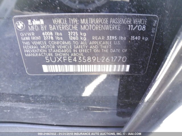 5UXFE43589L261770 - 2009 BMW X5 XDRIVE30I BLACK photo 9