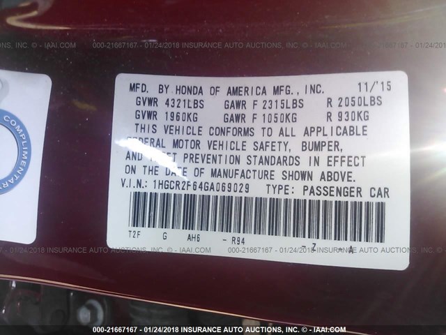 1HGCR2F64GA069029 - 2016 HONDA ACCORD SPORT 红色 照片 9