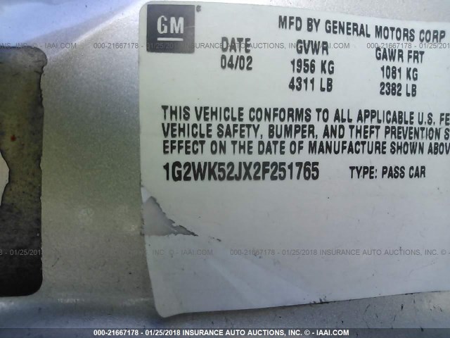 1G2WK52JX2F251765 - 2002 PONTIAC GRAND PRIX SE 银色 照片 9