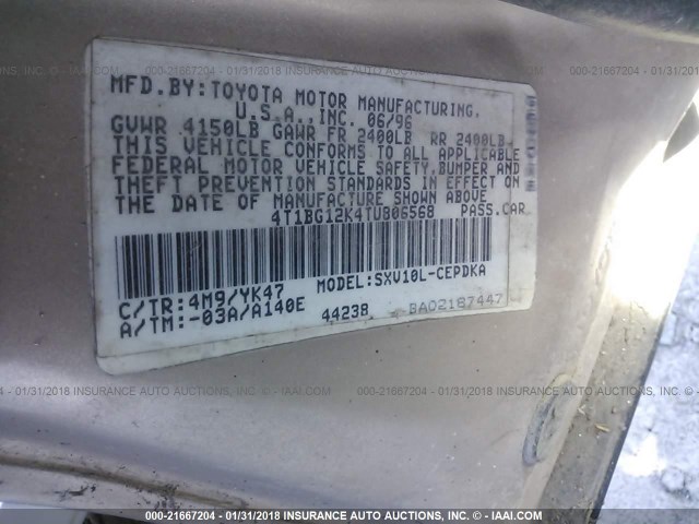 4T1BG12K4TU806568 - 1996 TOYOTA CAMRY DX/LE/XLE TAN photo 9