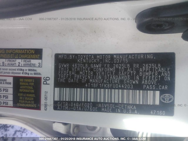 4T1BF1FK8FU044203 - 2015 TOYOTA CAMRY LE/XLE/SE/XSE Blanc photo 9