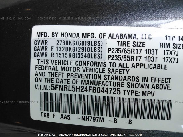 5FNRL5H24FB044725 - 2015 HONDA ODYSSEY LX GRAY photo 9