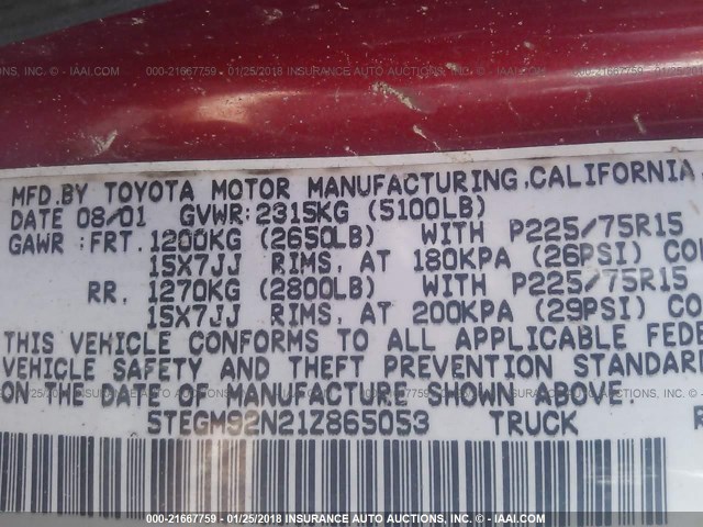 5TEGM92N21Z865053 - 2001 TOYOTA TACOMA DOUBLE CAB PRERUNNER MAROON photo 9