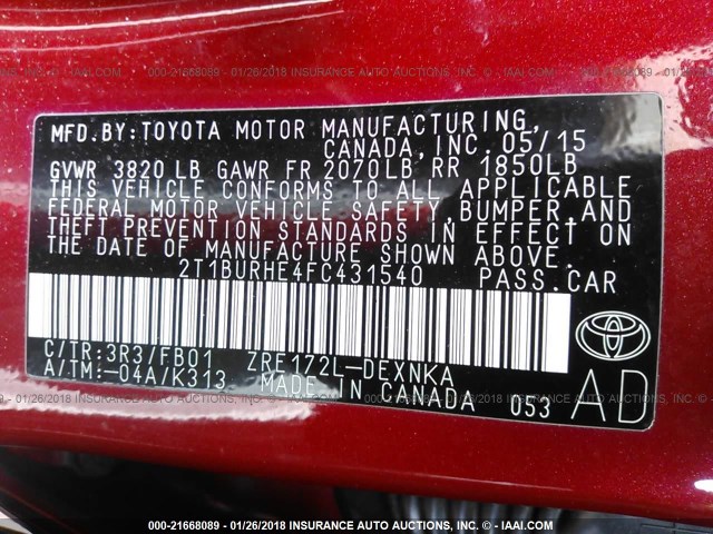 2T1BURHE4FC431540 - 2015 TOYOTA COROLLA L/LE/LE PLS/PRM/S/S PLS RED photo 9