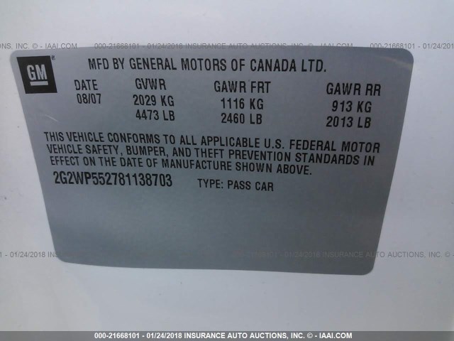 2G2WP552781138703 - 2008 PONTIAC GRAND PRIX 白色 照片 9