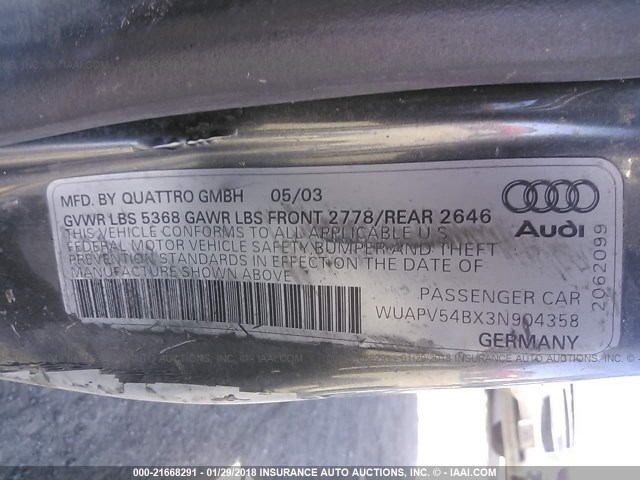 WUAPV54BX3N904358 - 2003 AUDI RS6 GRAY photo 9