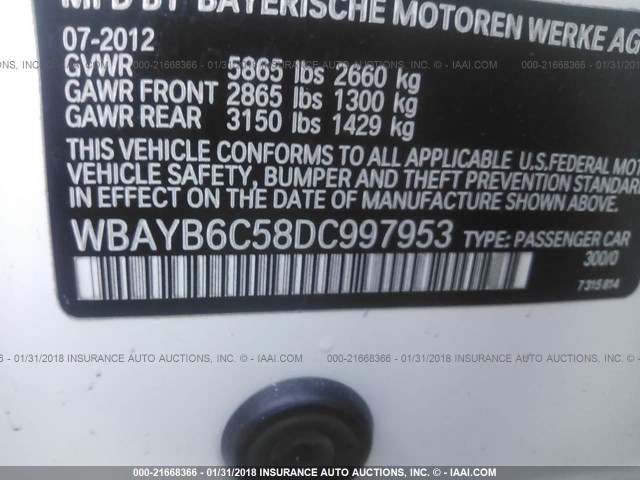 WBAYB6C58DC997953 - 2013 BMW 750 XI WHITE photo 9