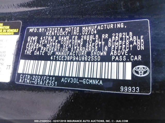 4T1CE38P94U862550 - 2004 TOYOTA CAMRY SOLARA SE/SLE შავი ფოტო 9