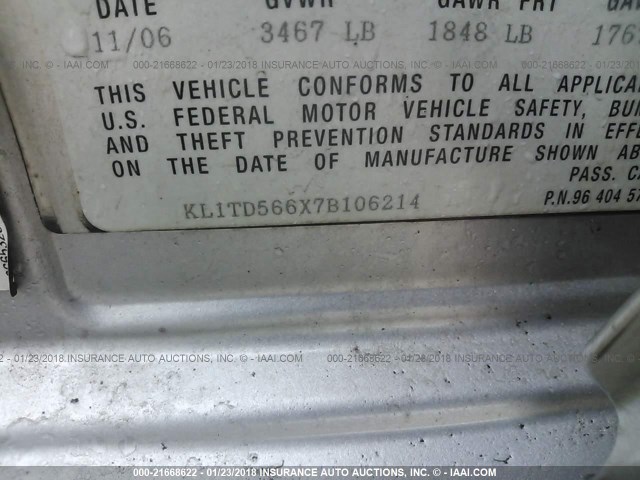 KL1TD566X7B106214 - 2007 CHEVROLET AVEO LS SILVER photo 9