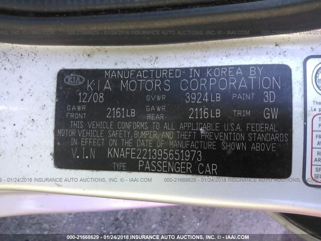 KNAFE221395651973 - 2009 KIA SPECTRA EX/LX/SX SILVER photo 9