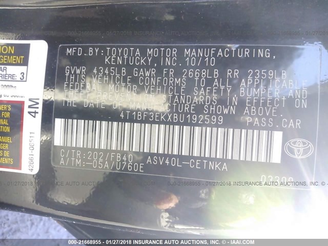 4T1BF3EKXBU192599 - 2011 TOYOTA CAMRY SE/LE/XLE 黑色 照片 9