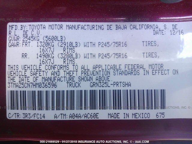 3TMAZ5CN7HM036596 - 2017 TOYOTA TACOMA DBL CAB/SR5/TRD SPORT/OR RED photo 9