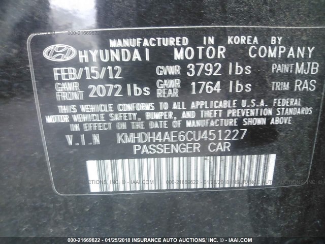 KMHDH4AE6CU451227 - 2012 HYUNDAI ELANTRA GLS/LIMITED BLACK photo 9