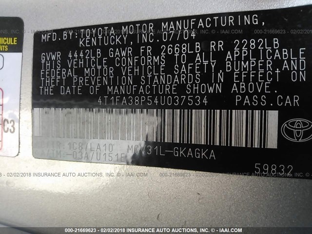 4T1FA38P54U037534 - 2004 TOYOTA CAMRY SOLARA SE/SLE ვერცხლისფერი ფოტო 9