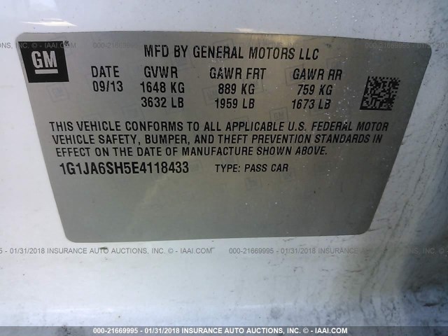 1G1JA6SH5E4118433 - 2014 CHEVROLET SONIC LS 白色 照片 9