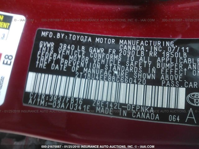 2T1BU4EE8BC660420 - 2011 TOYOTA COROLLA S/LE RED photo 9