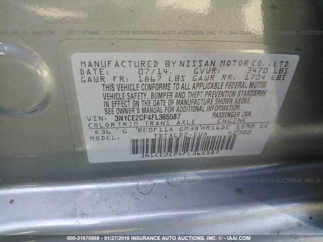 3N1CE2CP4FL365587 - 2015 NISSAN VERSA NOTE S/S PLUS/SV/SL/SR GRAY photo 9