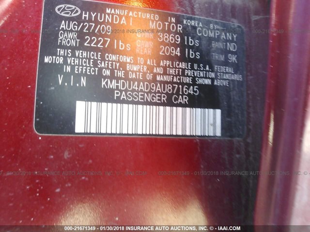 KMHDU4AD9AU871645 - 2010 HYUNDAI ELANTRA BLUE/GLS/SE RED photo 9