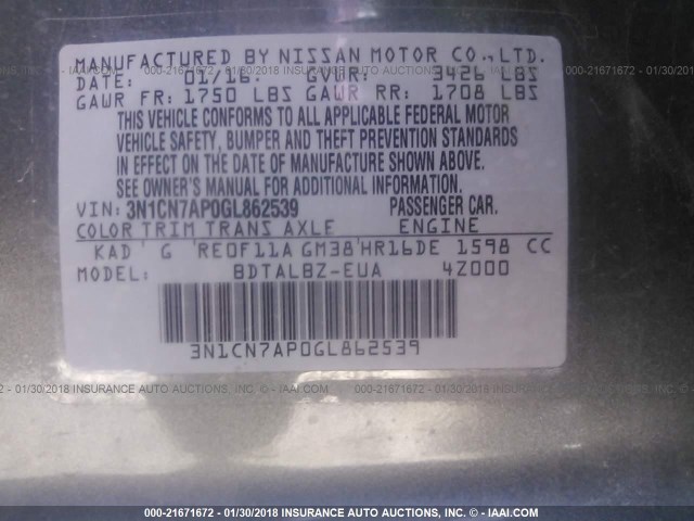 3N1CN7AP0GL862539 - 2016 NISSAN VERSA S/S PLUS/SV/SL GRAY photo 9