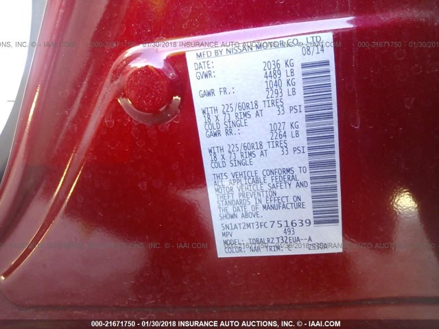 5N1AT2MT3FC751639 - 2015 NISSAN ROGUE S/SL/SV RED photo 9