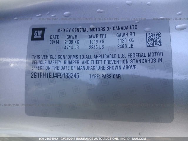 2G1FH1EJ4F9133345 - 2015 CHEVROLET CAMARO SS Plata foto 9