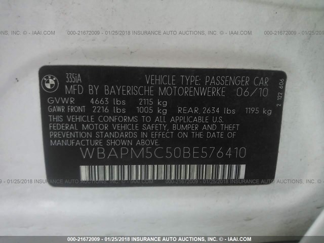 WBAPM5C50BE576410 - 2011 BMW 335 I WHITE photo 9