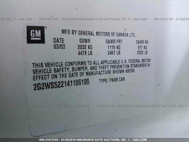 2G2WS522141106195 - 2004 PONTIAC GRAND PRIX GT2 თეთრი ფოტო 9