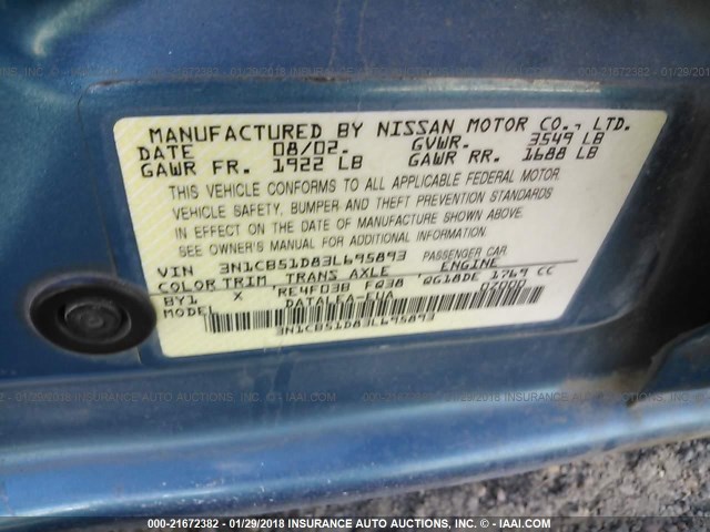 3N1CB51D83L695893 - 2003 NISSAN SENTRA XE/GXE BLUE photo 9