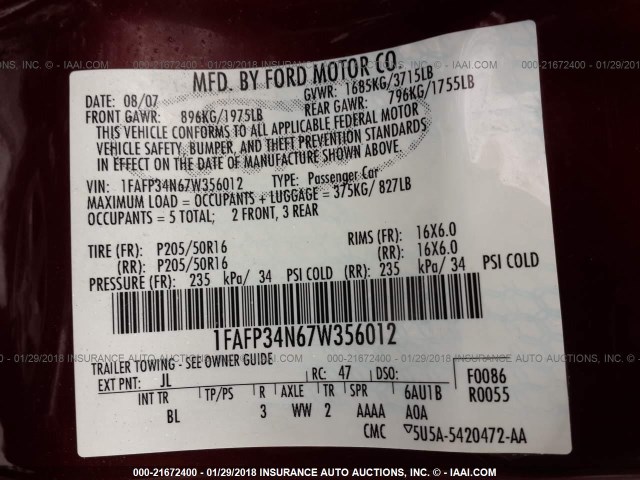 1FAFP34N67W356012 - 2007 FORD FOCUS ZX4/S/SE/SES 红色 照片 9