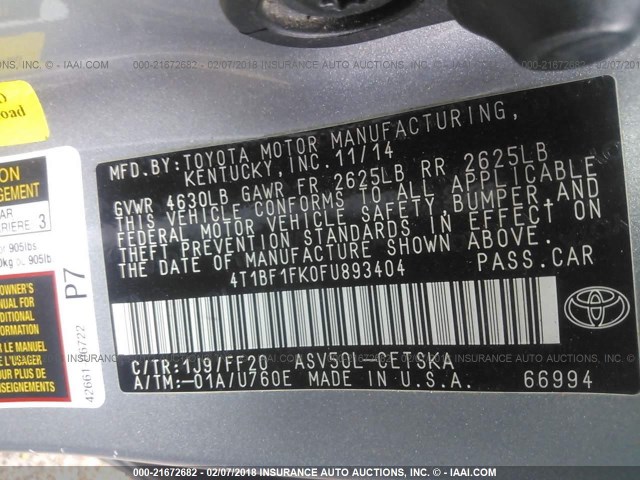 4T1BF1FK0FU893404 - 2015 TOYOTA CAMRY LE/XLE/SE/XSE SILVER photo 9