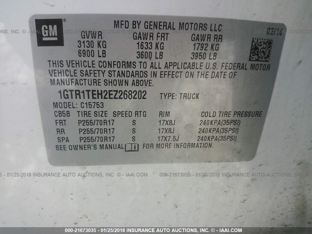 1GTR1TEH2EZ268202 - 2014 GMC SIERRA C1500 WHITE photo 9