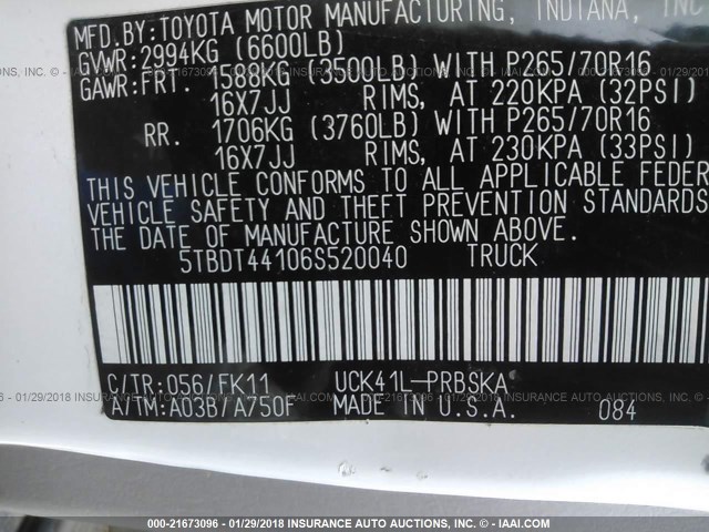 5TBDT44106S520040 - 2006 TOYOTA TUNDRA DOUBLE CAB SR5 WHITE photo 9