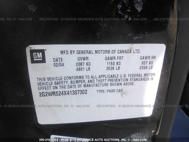 2G2WR524X41307302 - 2004 PONTIAC GRAND PRIX GTP BLACK photo 9