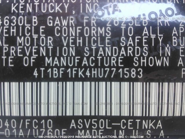 4T1BF1FK4HU771583 - 2017 TOYOTA CAMRY LE/XLE/SE/XSE WHITE photo 9