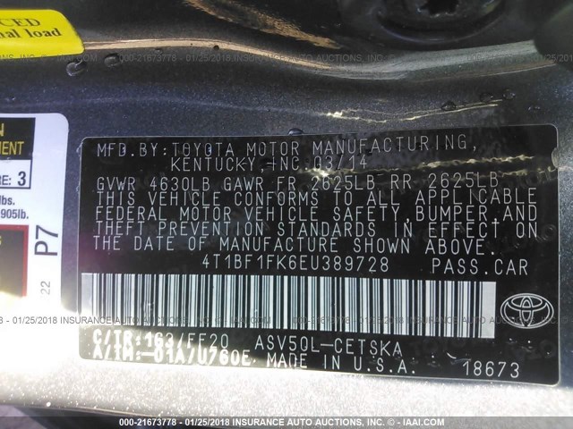 4T1BF1FK6EU389728 - 2014 TOYOTA CAMRY L/SE/LE/XLE 灰色 照片 9