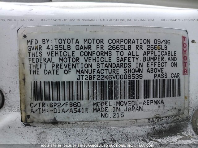 JT2BF22K6V0008539 - 1997 TOYOTA CAMRY LE/XLE WHITE photo 9