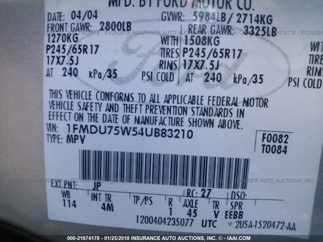 1FMDU75W54UB83210 - 2004 FORD EXPLORER LIMITED 银色 照片 9