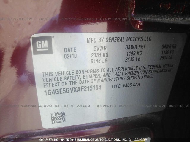1G4GE5GVXAF215104 - 2010 BUICK LACROSSE CXS BURGUNDY photo 9
